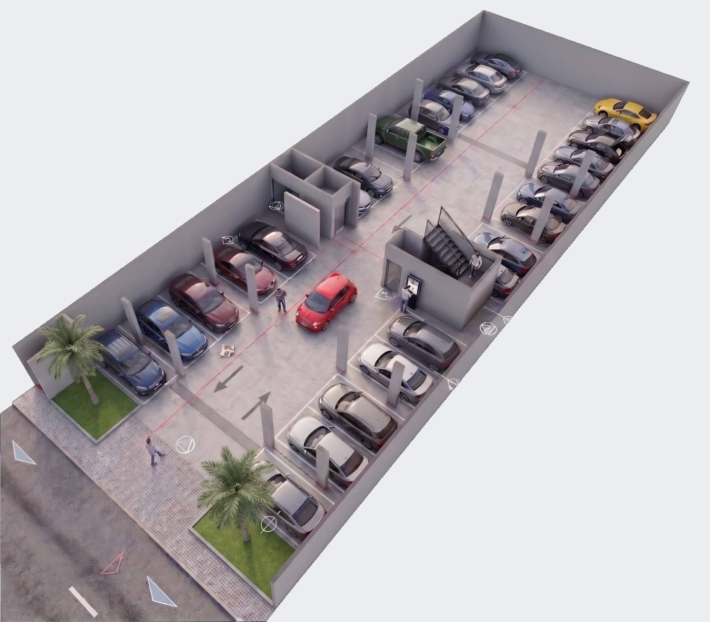 Vista em corte das garagens cobertas do edifício